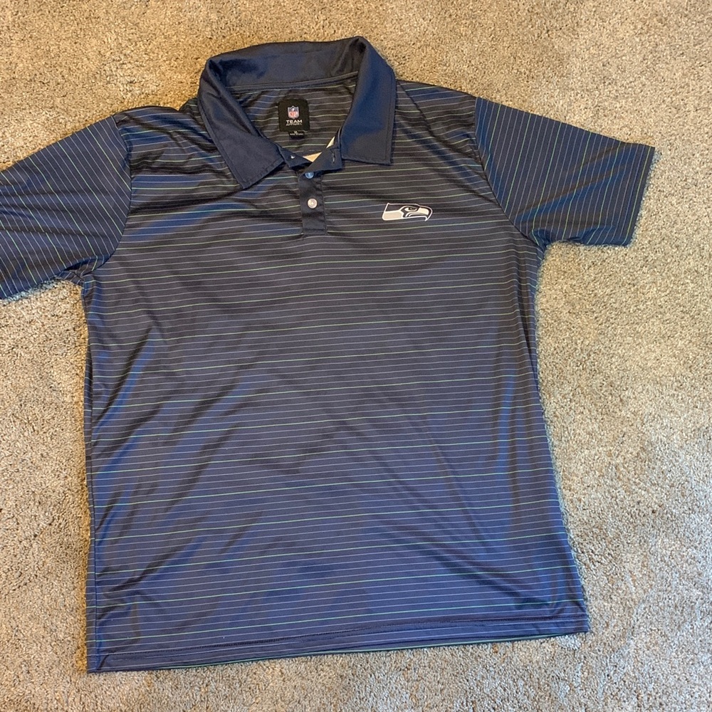 Seattle Seahawks NFL Team Apparel Navy Blue Striped Polo Shirt Size XL Like NEW